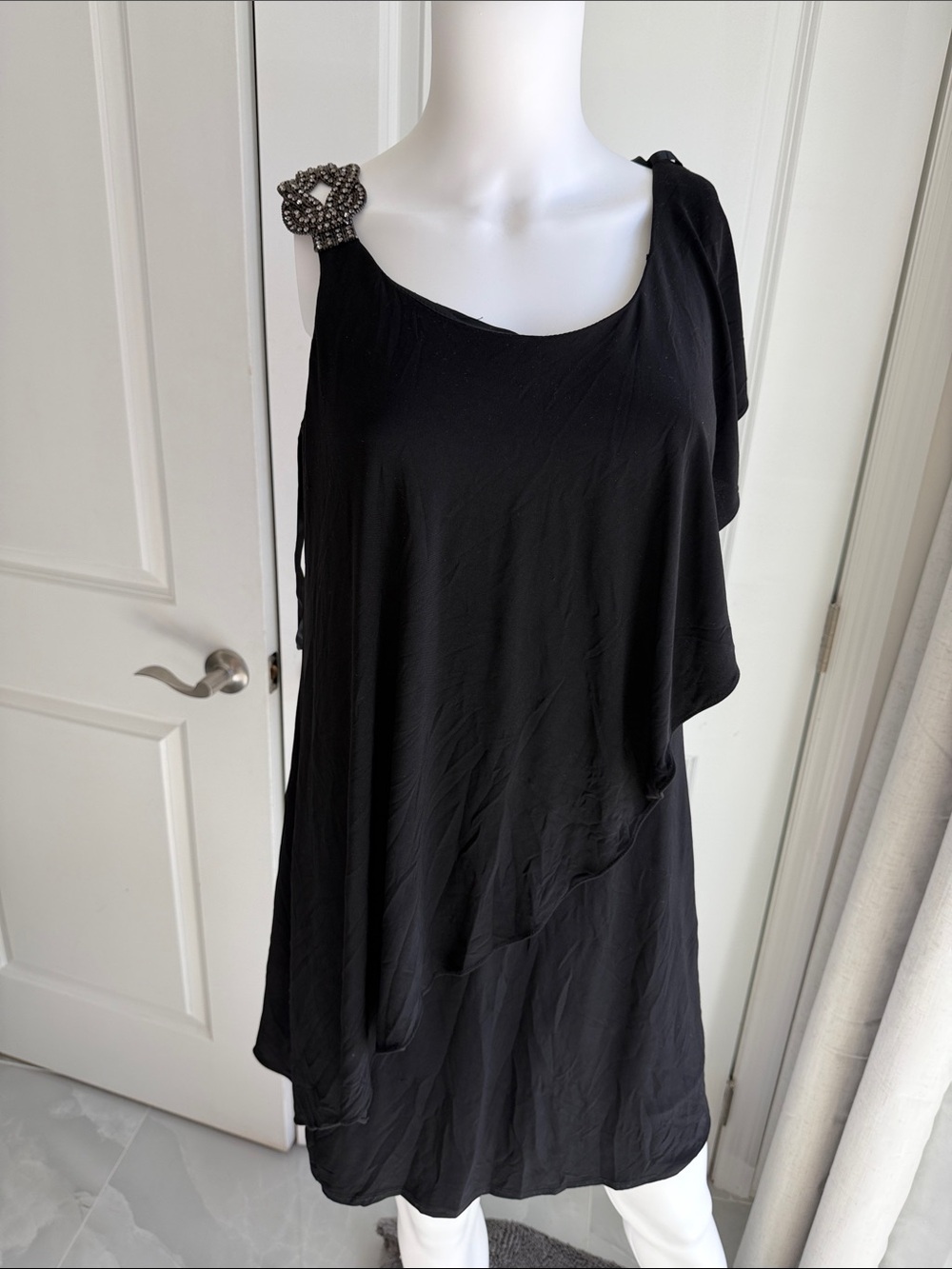 Betsy & Adam Black  Dress with Jeweled Shoulder Detail